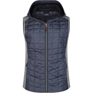 A knitted hybrid vest featuring a hood, quilted blue front, and grey side panels. Includes a logo on the design.