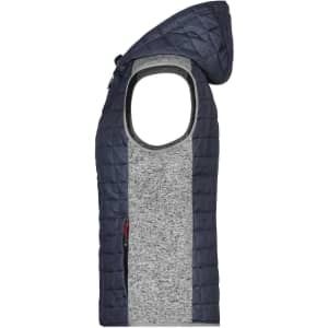 A navy and grey knitted hybrid vest with a hood and side zip pocket, featuring textured panels and a logo.