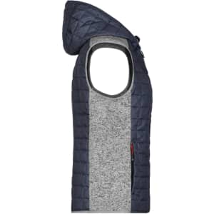 A knitted hybrid vest in navy and grey, featuring a hood and a zip pocket, with a textured design.