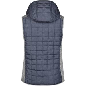 A navy blue knitted hybrid vest featuring a hood and a quilted design, with grey side panels.