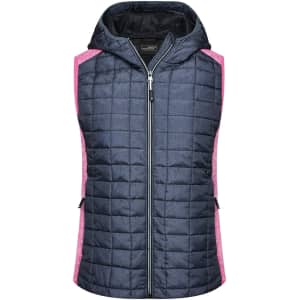 A navy and pink ladies knitted hybrid vest featuring a hood, zip front, and quilted design.