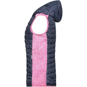 A knitted hybrid vest featuring a pink and navy design, with a hood and sleeveless style. Includes branding.