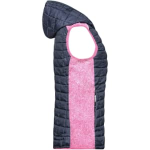 A knitted hybrid vest featuring a pink front and navy back with a hood. The design includes quilted sections and a logo.