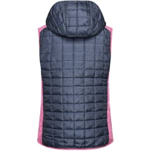 A hooded knitted vest in navy with a fuchsia border, featuring a quilted design on the back.