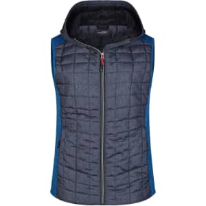 A navy and blue ladies hybrid vest with a hood, featuring a quilted design and zip-up front.