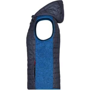 A knitted hybrid vest featuring a hood, in navy and blue hues, with a logo on the front.