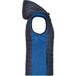 A navy and blue hooded knitted hybrid vest, featuring a sleeveless design and quilted panels.