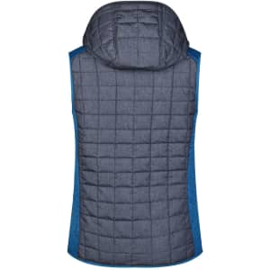 A grey and blue ladies' knitted hybrid vest with a quilted design and a hood at the back.