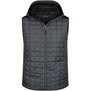 A charcoal grey knitted hybrid vest with a hood, featuring a quilted design and a front zipper.