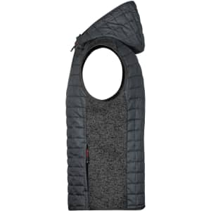 A men's knitted hybrid vest in dark grey, featuring a hood and quilted design with an open armhole.