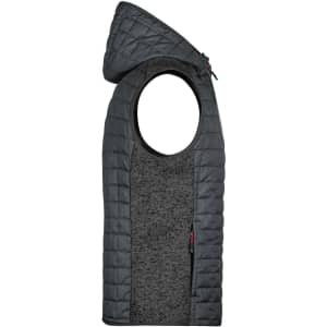 A grey knitted hybrid vest with a hood and side openings, featuring a quilted design and a logo.