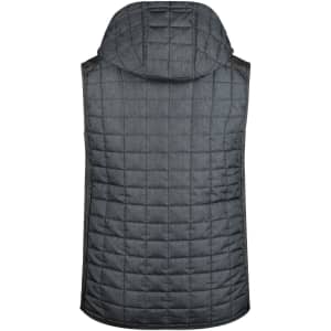 A grey knitted hybrid vest with a hood, featuring a quilted pattern on the back. Includes branding.