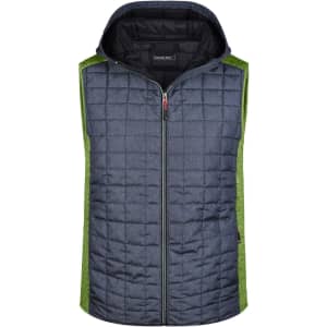 A men's knitted hybrid vest in grey with green sides and a hood, featuring a zip closure and a logo.