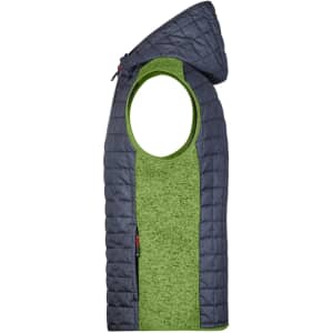 A knitted hybrid vest featuring a hood, with one side in navy and the other in bright green.
