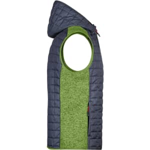 A men's knitted hybrid vest in navy and bright green, with a hood and open armholes, featuring a logo.