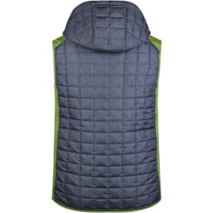 A knitted hybrid vest in dark grey with a green trim, featuring a hood and a quilted design.