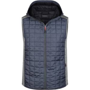 A navy and grey knitted hybrid vest with a hood and quilted front, featuring a zip closure and logo.