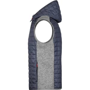 A knitted hybrid vest in dark navy and grey, featuring a hood and sleeveless design. It includes a logo.