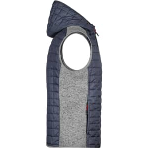 A men's knitted hybrid vest in navy blue and grey, featuring a hood and quilted design. It has a logo on it.
