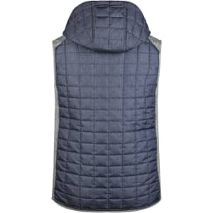 A navy blue quilted hybrid vest with a hood and grey side panels. Features a logo on the back.