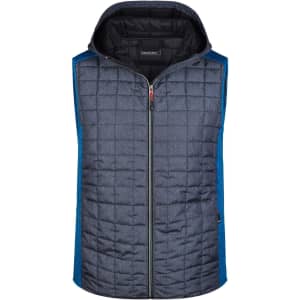 A knitted hybrid vest in dark grey with a blue side panel and a hood, featuring a zip front and quilted design.