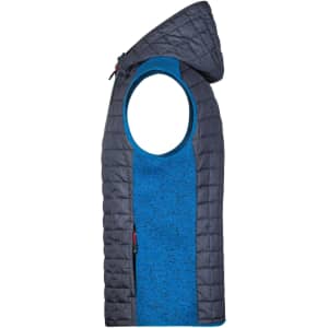 A knitted hybrid vest featuring a quilted grey exterior and a vibrant blue interior, complete with a hood.