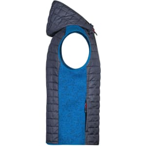 A knitted hybrid vest featuring a hood, in blue and grey, with an open arm design and a branded logo.