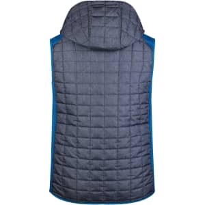 A dark grey knitted hybrid vest with a blue trim and a hood, featuring a quilted design on the back.