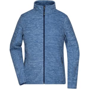 A blue ladies fleece jacket with a high collar and zippered front, featuring side pockets and an embroidered logo.