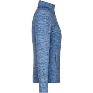 A ladies polar fleece jacket in a blue marle colour, featuring a zippered pocket and a high collar.