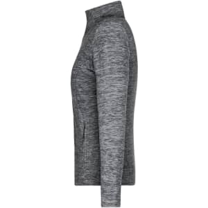 A grey ladies fleece jacket featuring a high collar and zippered pockets, including a logo.