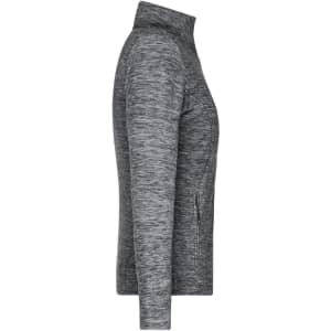 A grey polar fleece jacket with a zip and side pockets, featuring a logo on the chest.