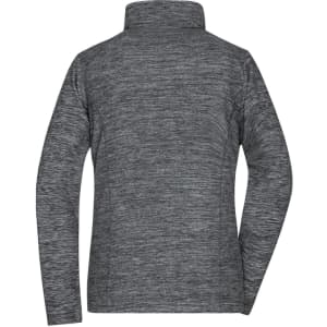 A grey polar fleece jacket featuring a high collar and long sleeves, designed for ladies. It has a logo on the back.