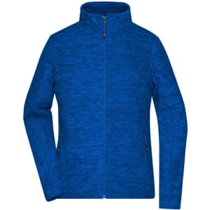 A blue polar fleece jacket featuring a zip front and two side pockets. The jacket has a subtle textured pattern and includes a logo.