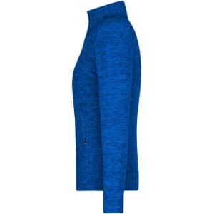 A blue fleece jacket, featuring a high collar and a side zip pocket, with a textured pattern.