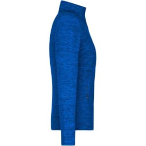 A side view of a ladies' fleece jacket in a vibrant blue colour, featuring a zippered pocket and a high collar.