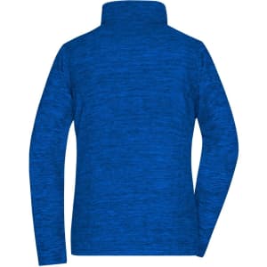 A blue polar fleece jacket with a high collar and long sleeves, featuring a logo on the back.