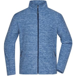 A blue polar fleece jacket with a stand collar and zippered front, featuring side pockets. It has a logo on one side.