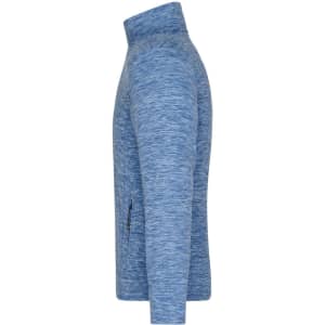 A blue polar fleece jacket with a high collar and a zippered side pocket, featuring a logo.
