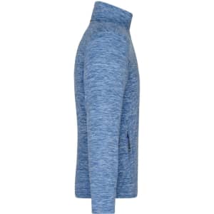 A blue men's fleece jacket with a high collar and a side zip pocket, featuring branding.