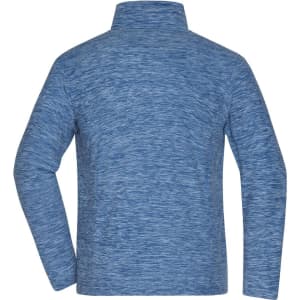 A blue polar fleece jacket with a high collar and a textured pattern on the back. It features a logo.