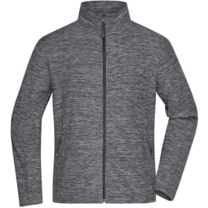 A grey polar fleece jacket with a high collar and zippered front, featuring two side pockets and a logo.