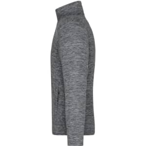 A grey men's fleece jacket with a high collar and side pockets, featuring a logo on the front.
