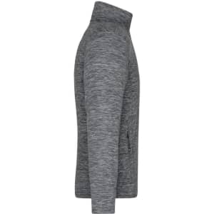 A side view of a men's polar fleece jacket in heather grey, featuring a zip pocket and a high collar.