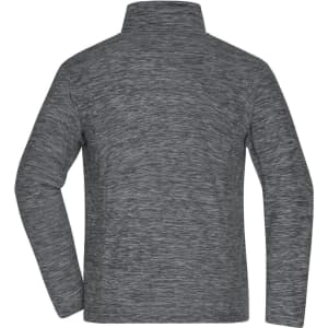 A grey polar fleece jacket featuring a high neck and long sleeves, with a logo on the back.