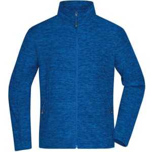 A blue men's fleece jacket with a zip front and high collar, featuring side pockets and a logo.