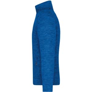 A blue mens fleece jacket with a high collar and zippered side pocket. It features a textured fabric.