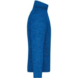 A polar fleece jacket in a vibrant blue colour, featuring a high collar and a zip pocket. It has a logo on it.