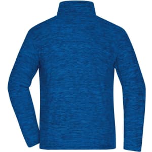 A blue polar fleece jacket featuring a high collar and long sleeves, with a branded logo on the back.