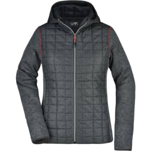 A ladies' knitted hybrid jacket in grey with a hood, featuring quilted detailing and a front zipper. Includes a logo.